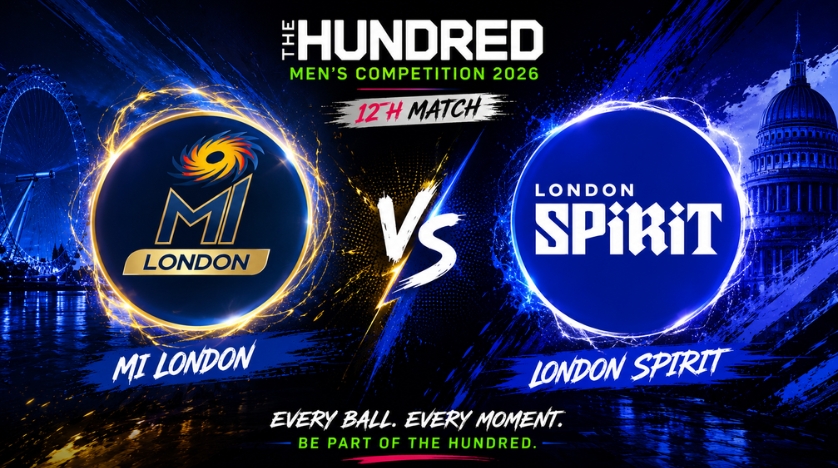 MI London vs London Spirit, 12th Match The Hundred Men's Competition 2026  Can you please create an image for this some different, unique and more attractive image and create an image on this size 838*468 and do not mention time, date and venue on it